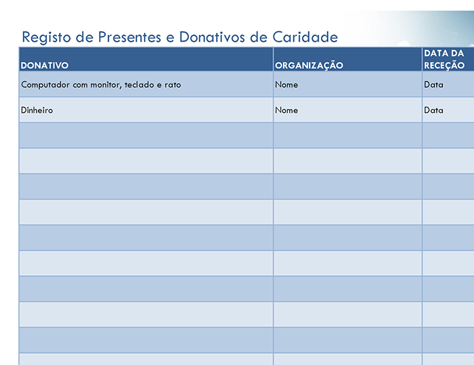 Registo de presentes e donativos de caridade (simples) Registo de presentes e donativos de caridade (simples)