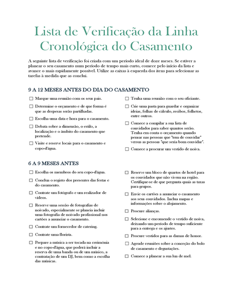Lista de verificação da linha cronológica do casamento Lista de verificação da linha cronológica do casamento
