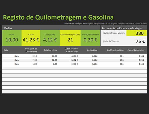 Registo de combustível e quilometragem Registo de combustível e quilometragem