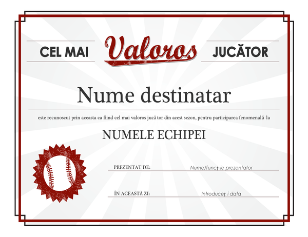 Diplomă de Cel mai valoros jucător Diplomă de Cel mai valoros jucător