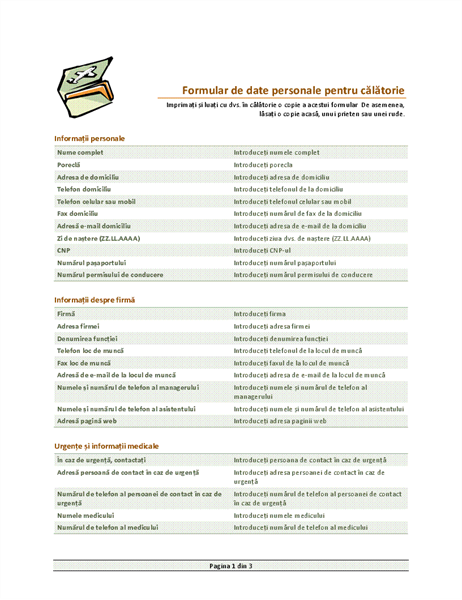 Itinerariu de călătorie și formular de date personale Itinerariu de călătorie și formular de date personale