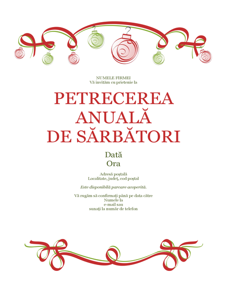 Invitație la petrecerea de sărbători, cu ornamente și panglică roșie (proiectare oficială) Invitație la petrecerea de sărbători, cu ornamente și panglică roșie (proiectare oficială)