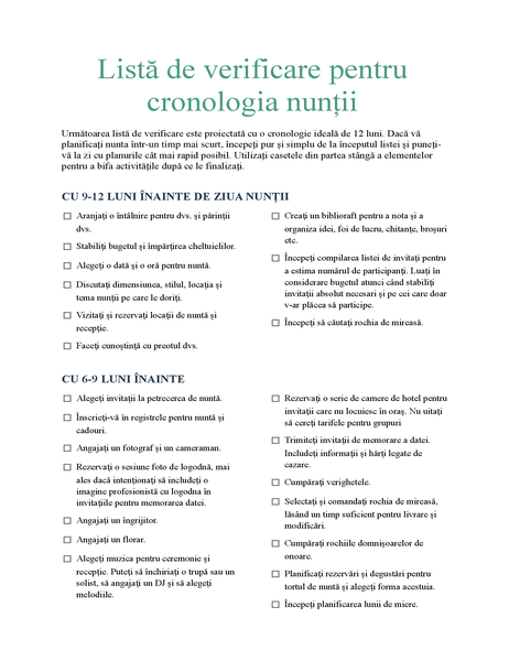 Listă de verificare pentru cronologia nunții Listă de verificare pentru cronologia nunții