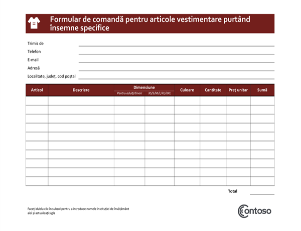 Formular de comandă pentru articole vestimentare purtând însemne specifice Formular de comandă pentru articole vestimentare purtând însemne specifice