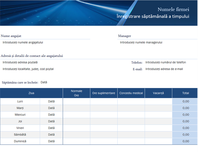 Fișă de evidență săptămânală a orelor de lucru pentru firme mici Fișă de evidență săptămânală a orelor de lucru pentru firme mici