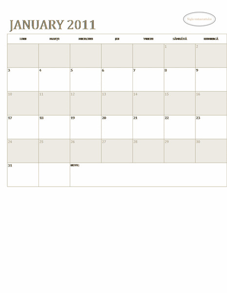 Calendar pentru întreprinderi mici (orice an, luni-duminică) Calendar pentru întreprinderi mici (orice an, luni-duminică)
