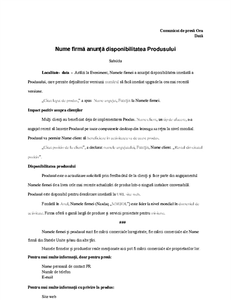 Comunicat de presă cu anunț de produs Comunicat de presă cu anunț de produs