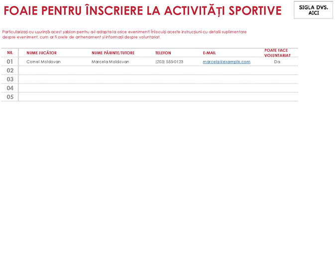 Foaie pentru înscriere la activități sportive Foaie pentru înscriere la activități sportive