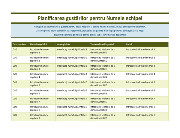 Foaie de înregistrare pentru gustări la întâlnirile sportive ale elevilor Foaie de înregistrare pentru gustări la întâlnirile sportive ale elevilor