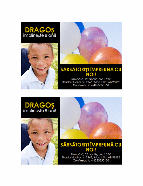 Invitație la petrecere (proiectare cu două fotografii, galben pe negru) Invitație la petrecere (proiectare cu două fotografii, galben pe negru)