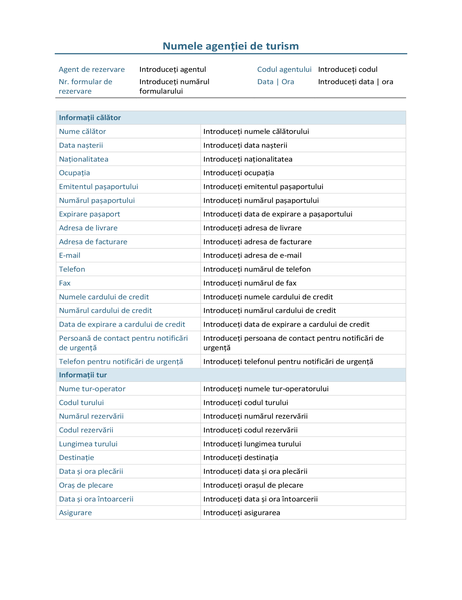 Formular de planificare a călătoriilor pentru clienți Formular de planificare a călătoriilor pentru clienți