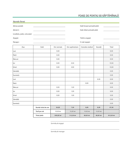 Foaie de pontaj bisăptămânală cu concediu medical și concediu (cu date eșantion) Foaie de pontaj bisăptămânală cu concediu medical și concediu (cu date eșantion)