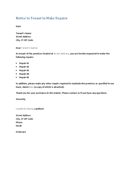 Notificare către chiriaș pentru a face reparații (scrisoare formular) Notificare către chiriaș pentru a face reparații (scrisoare formular)