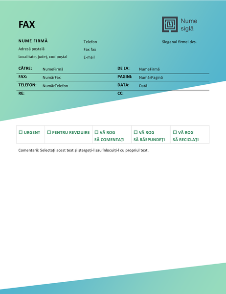 Pagină de însoțire fax (proiectare Gradient verde) Pagină de însoțire fax (proiectare Gradient verde)