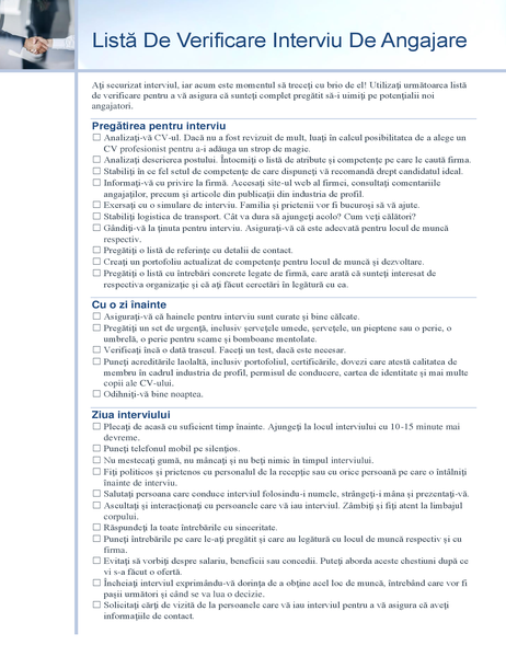 Listă de verificare interviu de angajare Listă de verificare interviu de angajare