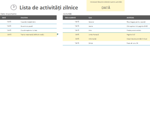 Lista de activități zilnice Lista de activități zilnice