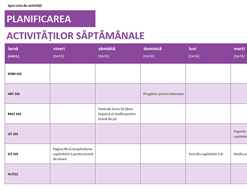 Listă de activități săptămânală