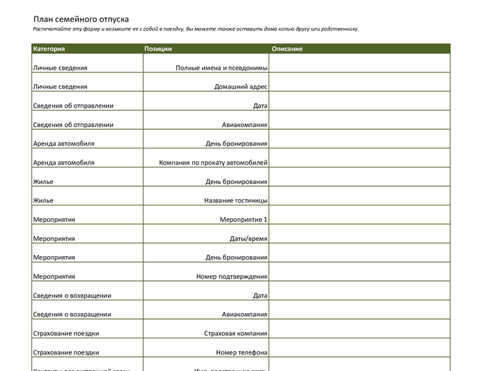 План семейного отпуска План семейного отпуска