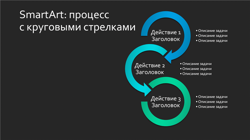 Слайд "SmartArt: процесс с круговыми стрелками" (оттенки синего и зеленого цветов на черном фоне), широкоэкранный Слайд "SmartArt: процесс с круговыми стрелками" (оттенки синего и зеленого цветов на черном фоне), широкоэкранный