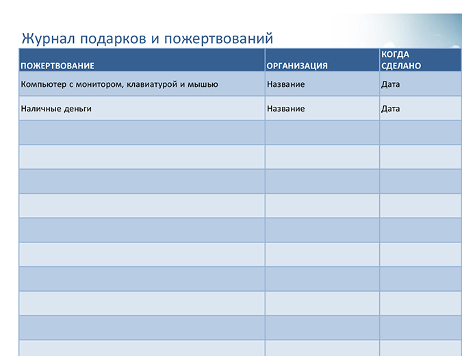 Журнал учета благотворительных подарков и пожертвований (простой) Журнал учета благотворительных подарков и пожертвований (простой)