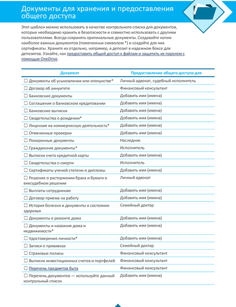Контрольный список "Документы для хранения и предоставления" Контрольный список "Документы для хранения и предоставления"