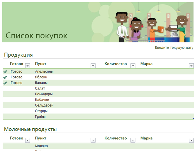 Список покупок с местом для указания торговых марок Список покупок с местом для указания торговых марок