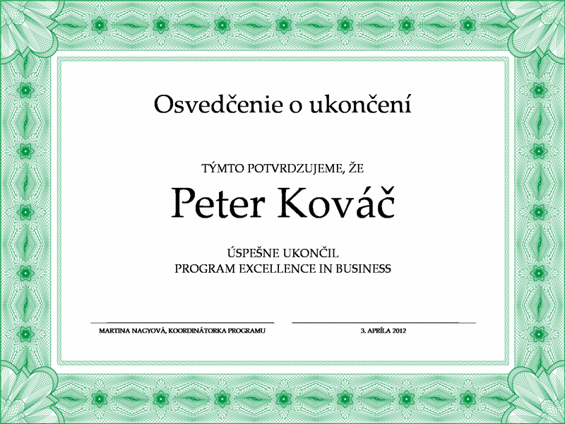 Osvedčenie o ukončení (zelené) Osvedčenie o ukončení (zelené)