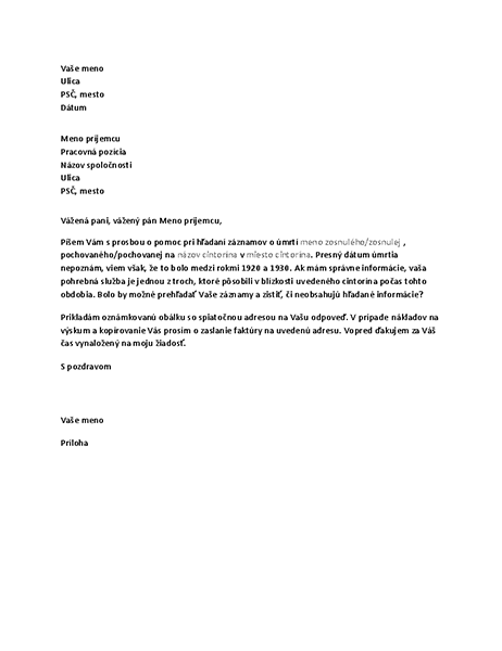List pohrebnej službe so žiadosťou o genealogické záznamy List pohrebnej službe so žiadosťou o genealogické záznamy