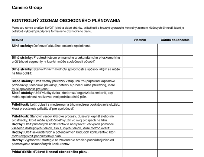 Kontrolný zoznam obchodného plánovania Kontrolný zoznam obchodného plánovania