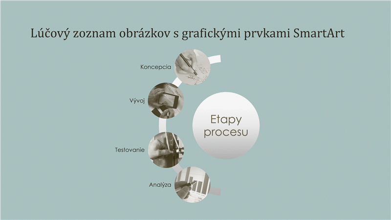 Znázornenie procesov pomocou grafických prvkov SmartArt s lúčovým zoznamom obrázkov (širokouhlá šablóna) Znázornenie procesov pomocou grafických prvkov SmartArt s lúčovým zoznamom obrázkov (širokouhlá šablóna)
