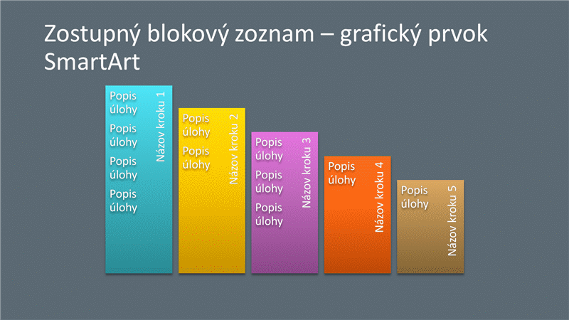 Snímka s grafickým prvkom SmartArt – zostupný blokový zoznam (viacfarebný na sivom podklade), širokouhlý formát Snímka s grafickým prvkom SmartArt – zostupný blokový zoznam (viacfarebný na sivom podklade), širokouhlý formát