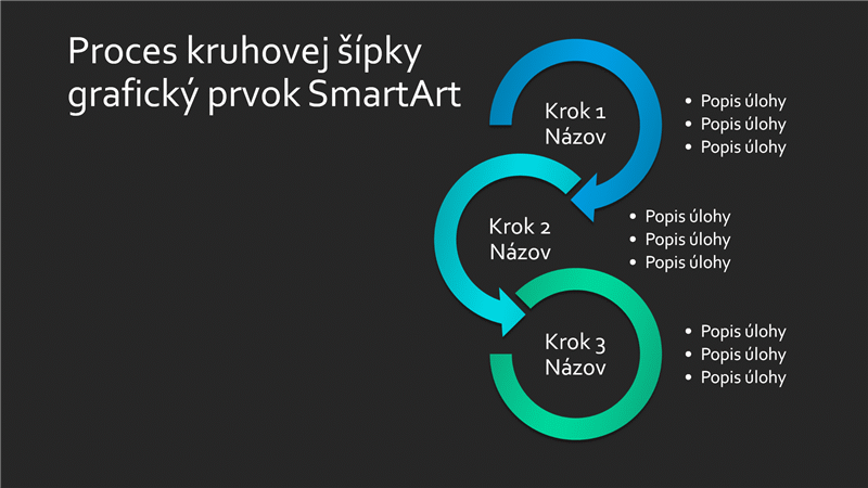 Snímka s grafickým prvkom SmartArt – proces kruhovej šípky (modro-zelený na čiernom podklade), širokouhlý formát Snímka s grafickým prvkom SmartArt – proces kruhovej šípky (modro-zelený na čiernom podklade), širokouhlý formát