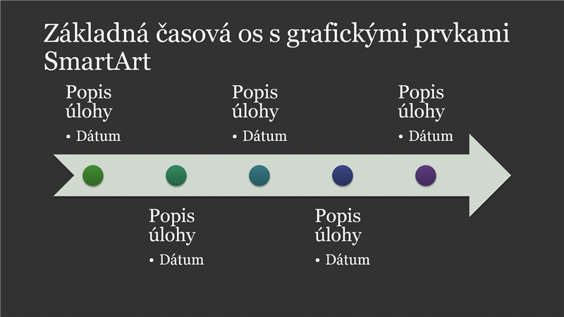Základná časová os s grafickými prvkami SmartArt (bielymi na tmavosivom pozadí), širokouhlá šablóna Základná časová os s grafickými prvkami SmartArt (bielymi na tmavosivom pozadí), širokouhlá šablóna