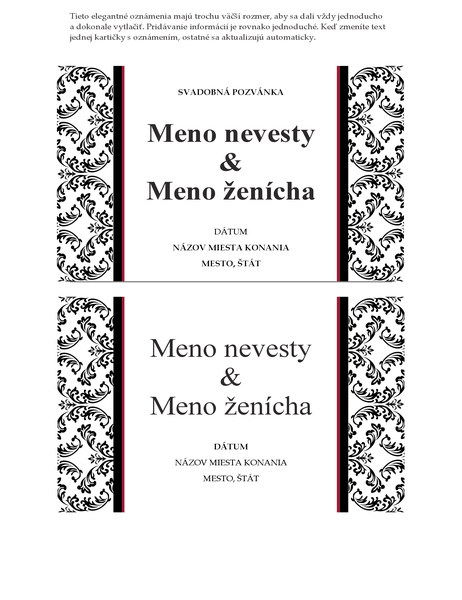 Pohľadnica so svadobným oznámením a informáciou o termíne konania (čiernobiely svadobný návrh) Pohľadnica so svadobným oznámením a informáciou o termíne konania (čiernobiely svadobný návrh)
