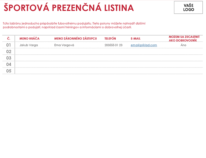 Športová prezenčná listina Športová prezenčná listina