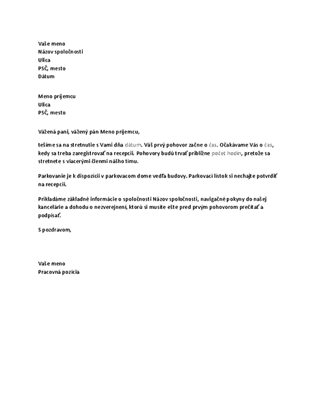 List potvrdzujúci pozvanie uchádzača na pracovný pohovor