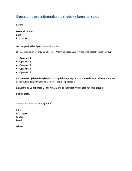 Oznámenie pre nájomníka o potrebe vykonania opráv (formálny list) Oznámenie pre nájomníka o potrebe vykonania opráv (formálny list)