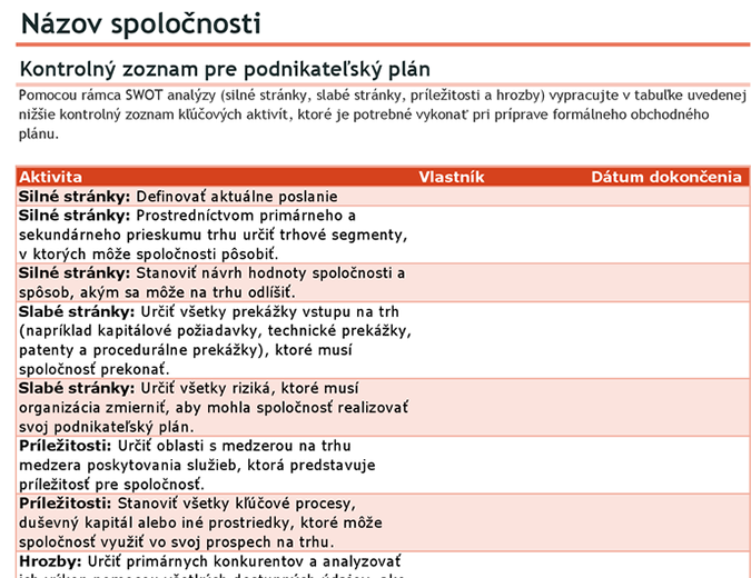 Kontrolný zoznam pre podnikateľský plán so SWOT analýzou Kontrolný zoznam pre podnikateľský plán so SWOT analýzou