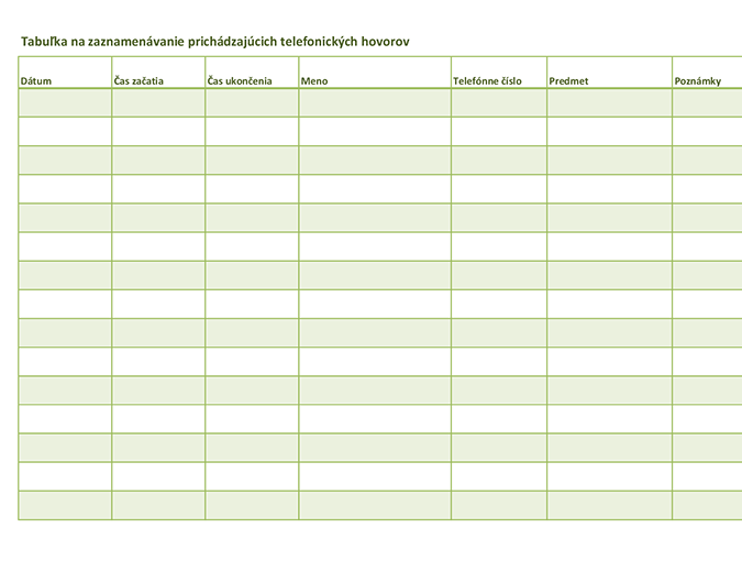 Tabuľka na zaznamenávanie (prichádzajúcich a odchádzajúcich) telefonických hovorov Tabuľka na zaznamenávanie (prichádzajúcich a odchádzajúcich) telefonických hovorov