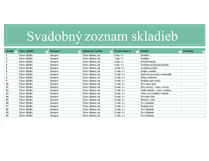 Svadobný zoznam skladieb Svadobný zoznam skladieb
