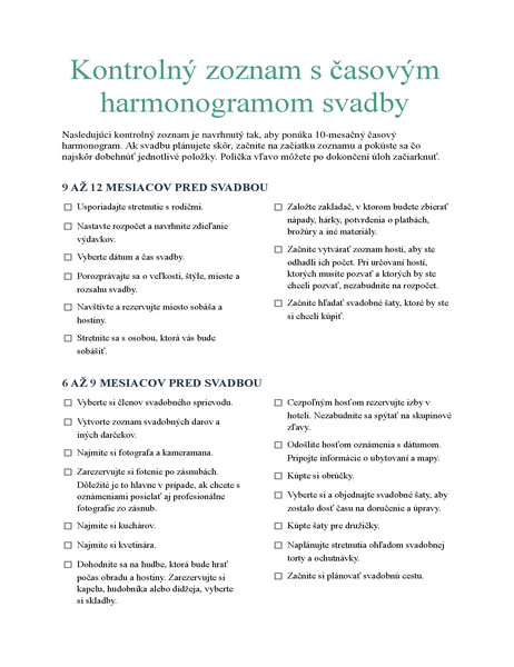 Kontrolný zoznam s časovým harmonogramom svadby Kontrolný zoznam s časovým harmonogramom svadby