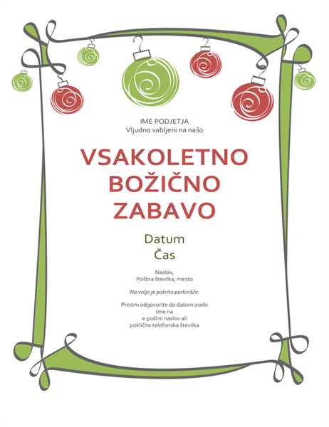 Povabilo na praznično zabavo z okraski in belo obrobo (neformalna oblika) Povabilo na praznično zabavo z okraski in belo obrobo (neformalna oblika)