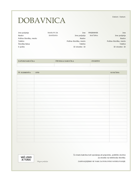 Dobavnica (oblikovanje z zelenim prelivanjem) Dobavnica (oblikovanje z zelenim prelivanjem)
