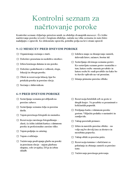 Kontrolni seznam za načrtovanje poroke Kontrolni seznam za načrtovanje poroke