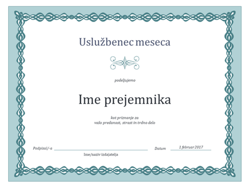 Priznanje za uslužbenca meseca (motiv modre verige) Priznanje za uslužbenca meseca (motiv modre verige)