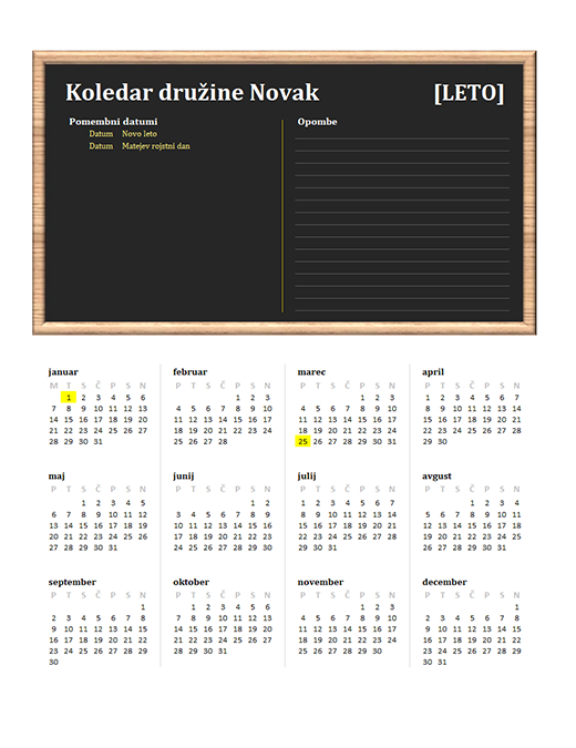 Družinski koledar (poljubno leto, pon.–ned.) Družinski koledar (poljubno leto, pon.–ned.)