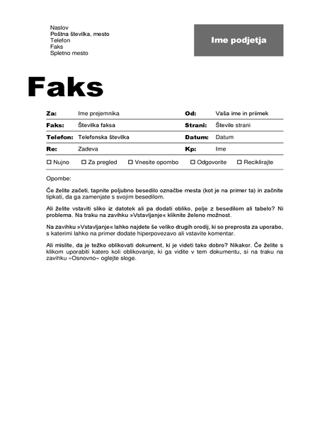 Naslovna stran faksa (dizajn Professional) Naslovna stran faksa (dizajn Professional)