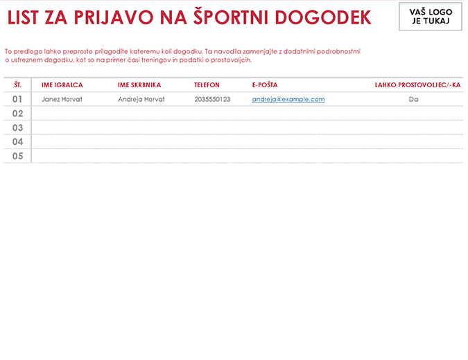 List za prijavo na športni dogodek List za prijavo na športni dogodek