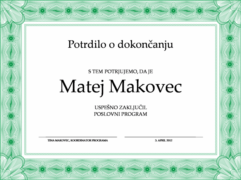 Potrdilo o dokončanju (zeleno) Potrdilo o dokončanju (zeleno)