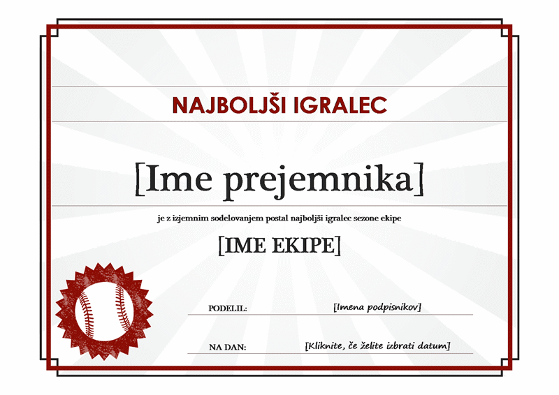 Potrdilo za najboljšega igralca Potrdilo za najboljšega igralca